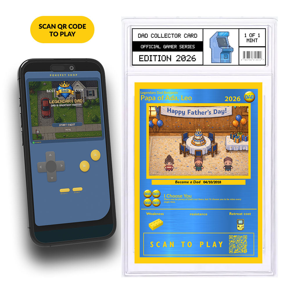 Tarjeta coleccionable Legendary Papá con juego retro en el celular